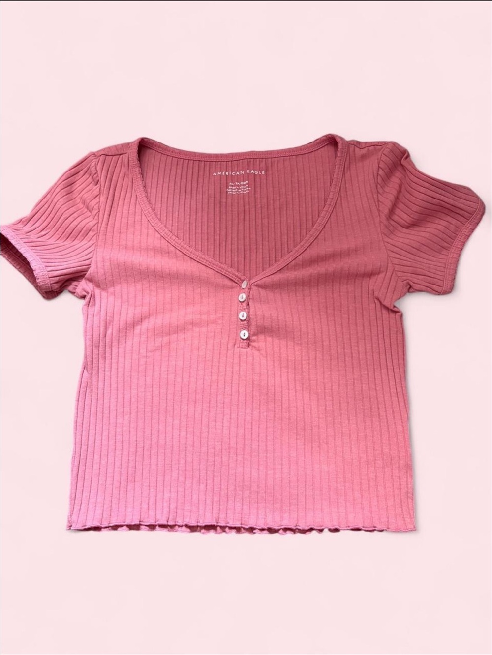 American Eagle Outfitters Dusty Rose Ribbed V-Neck Button Crop Top